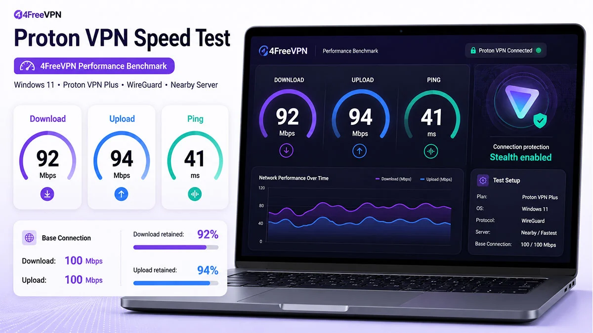 Proton VPN speed test showing 92 Mbps download, 94 Mbps upload and 41 ms ping