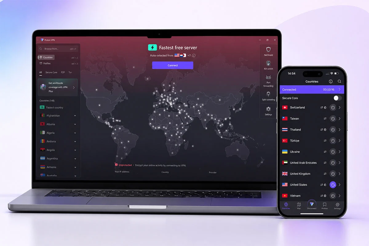 Proton VPN apps on Windows laptop and Android phone